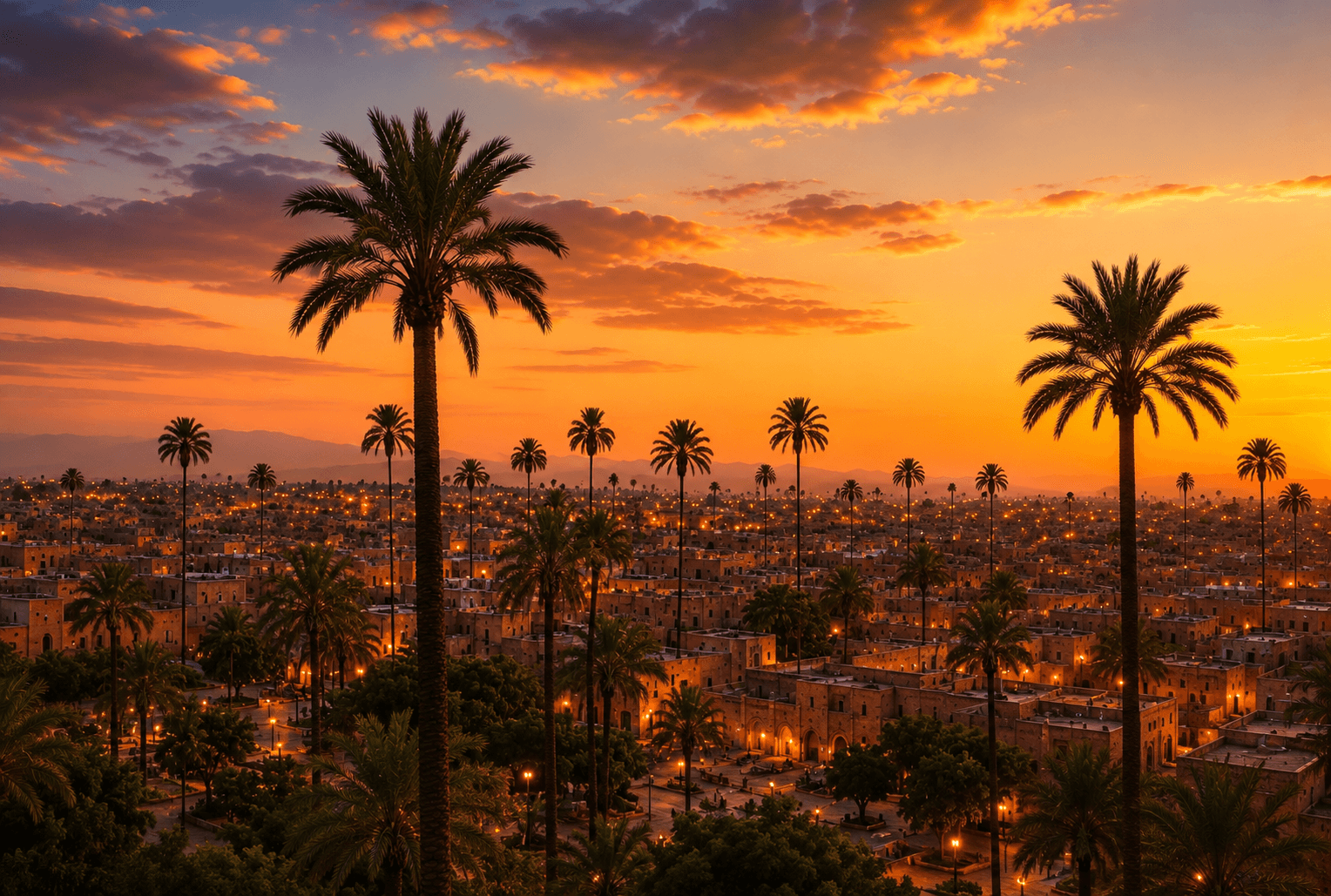 Coucher de soleil sur les toits et palmiers de Marrakech